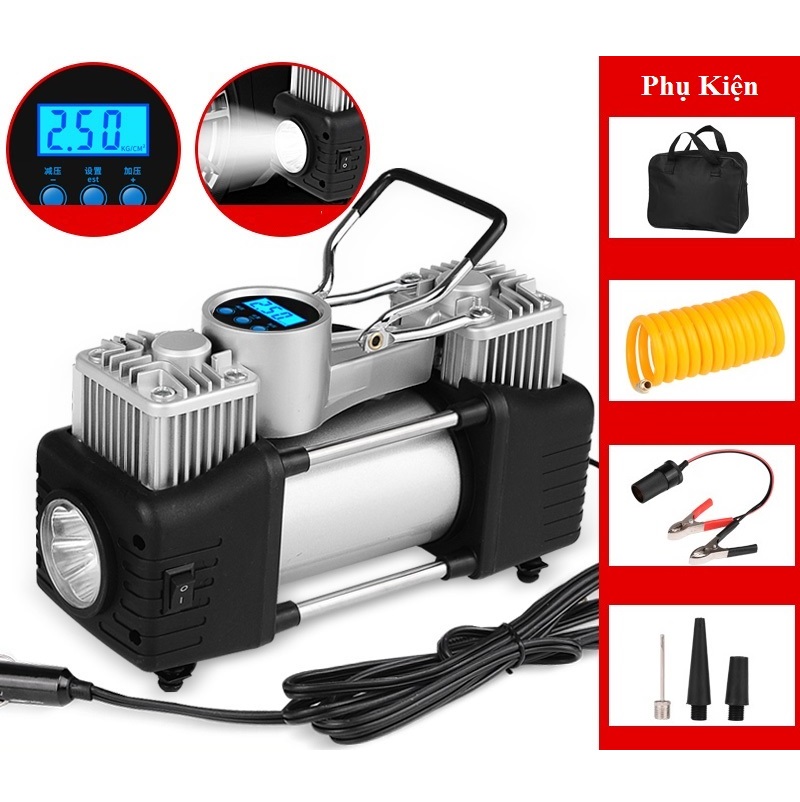 BƠM 2 XI LANH ĐỒNG HỒ ĐIỆN TỬ CÓ ĐÈN CHO Ô TÔ , BƠM 2 PISTON XYLANH AIRCOMPRESSOR ĐIỆN 12V