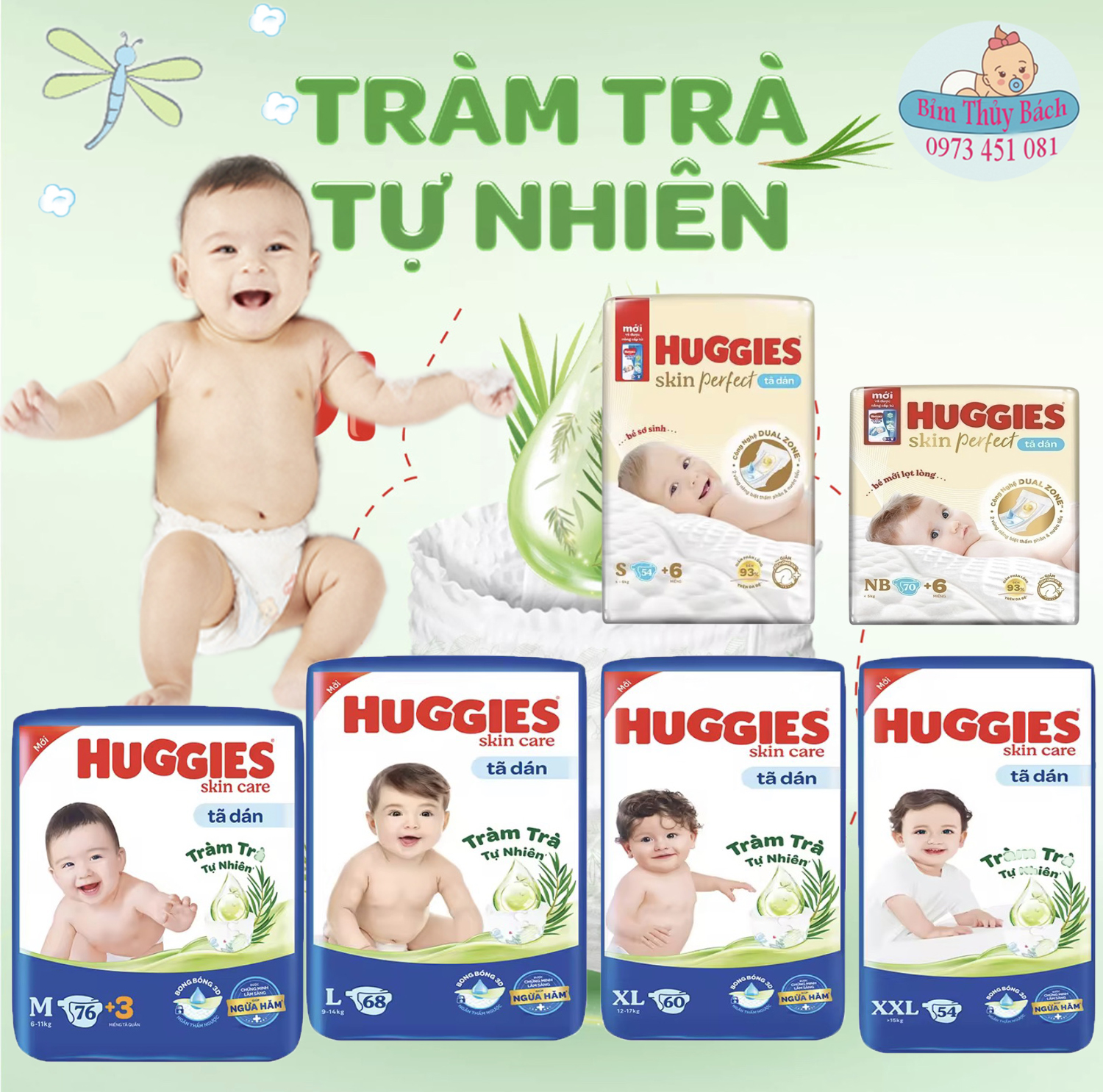 (Mẫu Tràm Trà) Bỉm Huggies Dán Size M76/L68/XL62/Xxl56