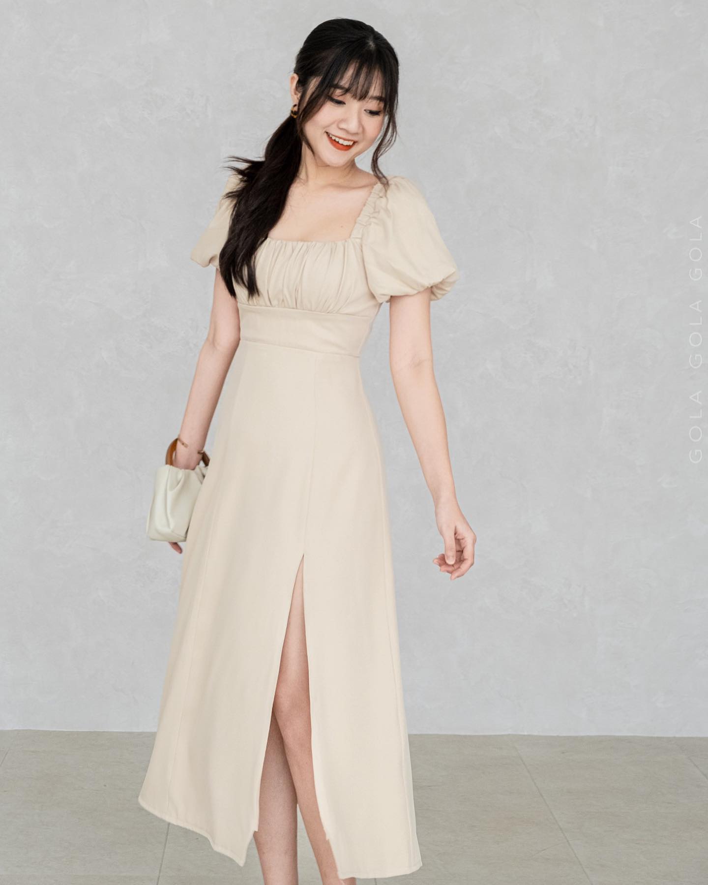 Đầm jolie - đầm midi tay phồng xếp ly ngực