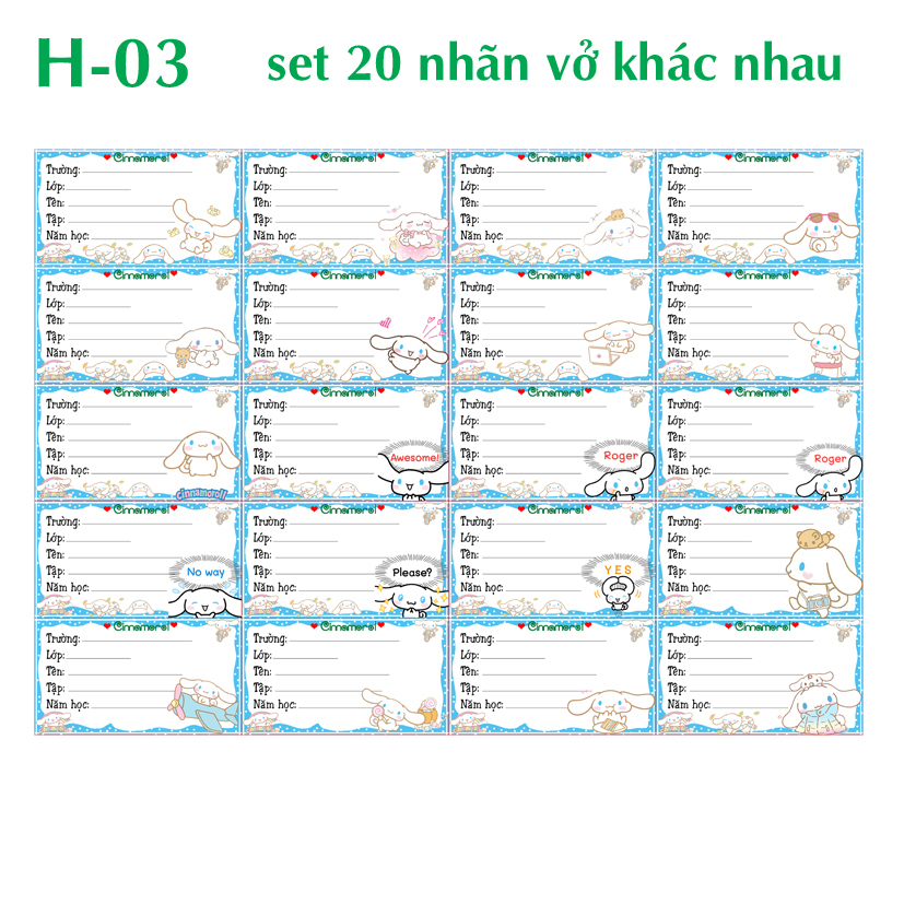 Nhãn vở Cinnamorol- nhãn dán Cinnamorol( set 20 nhãn vở khác nhau) đẹp lung linh