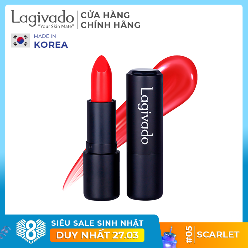 Son dưỡng môi có màu lên màu chuẩn, lâu trôi Lip Satin Hàn Quốc Lagivado dạng thỏi - 5 màu son đẹp nhập khẩu