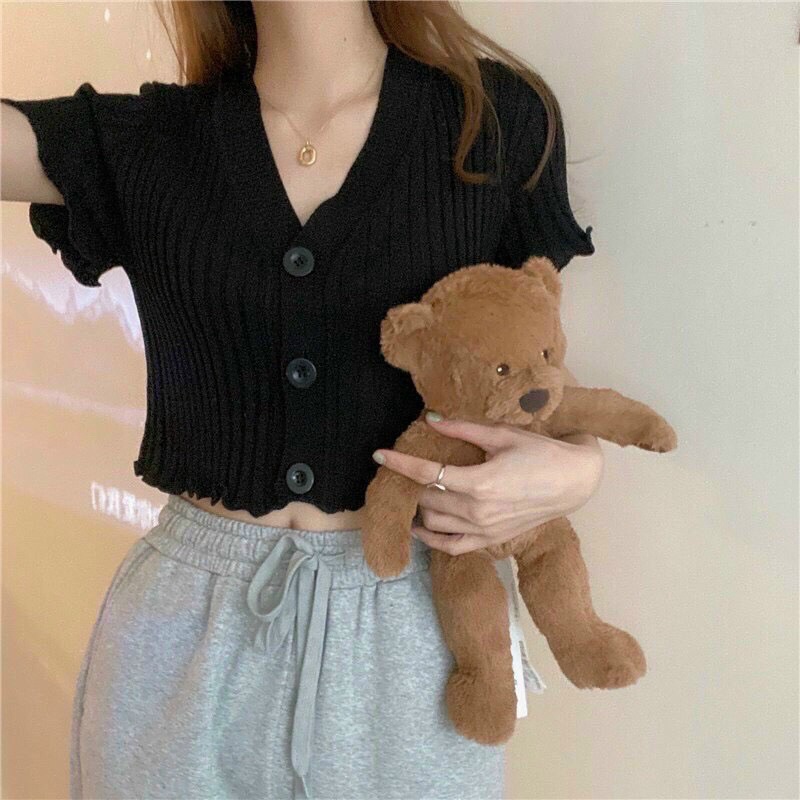 ÁO KIỂU CROPTOP NGẮN TAY GÀI NÚT THUN GÂN