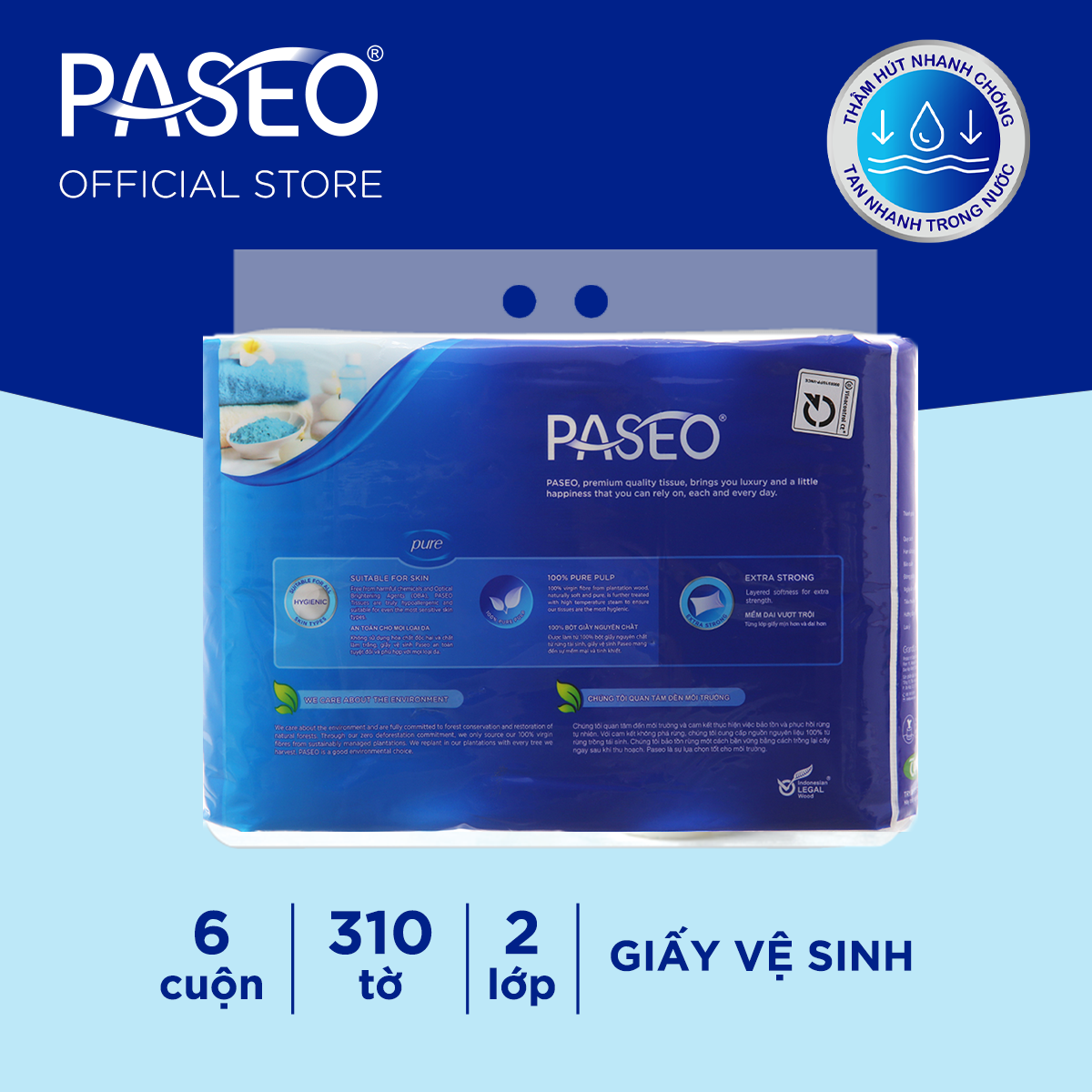 Giấy vệ sinh cao cấp Paseo dai, mềm mịn (6 cuộn 2 lớp)/lốc