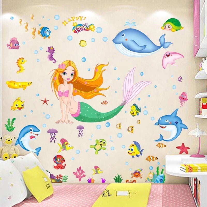 [HCM]DECAL DÁN TƯỜNG CÁ VOI XANH VÀ NÀNG TIÊN CÁ