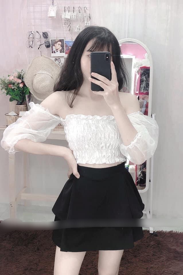 Set áo phi bóng trễ vai nhún eo cách điệu phối chân váy 2 tầng