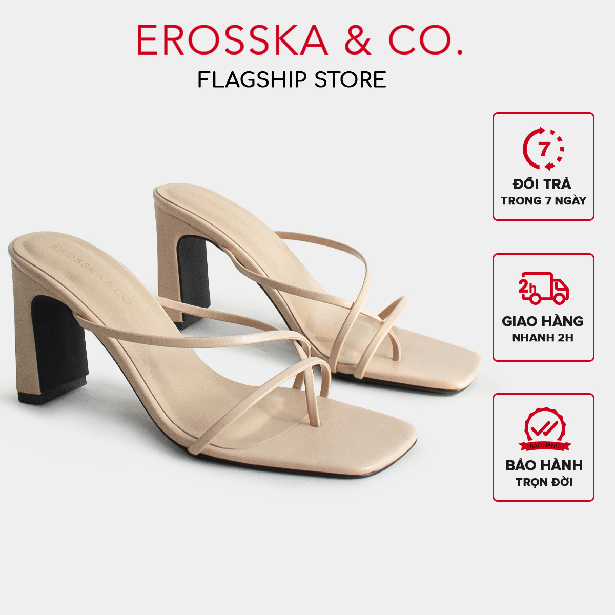 Dép cao gót quai mảnh Erosska mũi vuông cao 8cm màu trắng - EM101