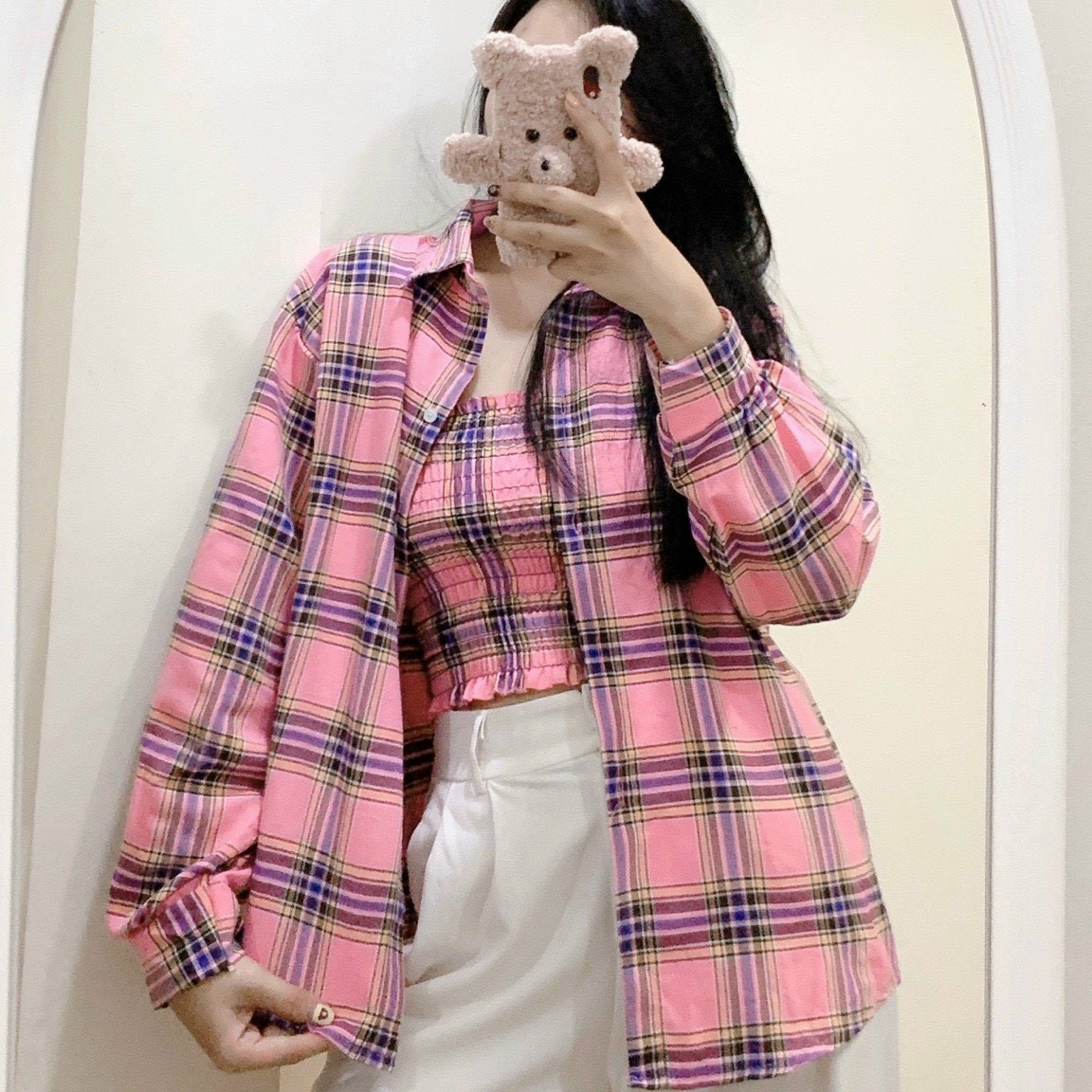 [FreeshipMAX] Áo Sơ Mi Kiểu Dáng Tay Phồng Kèm Áo Nhúng Croptop Siêu Xinh Thời Trang. tp