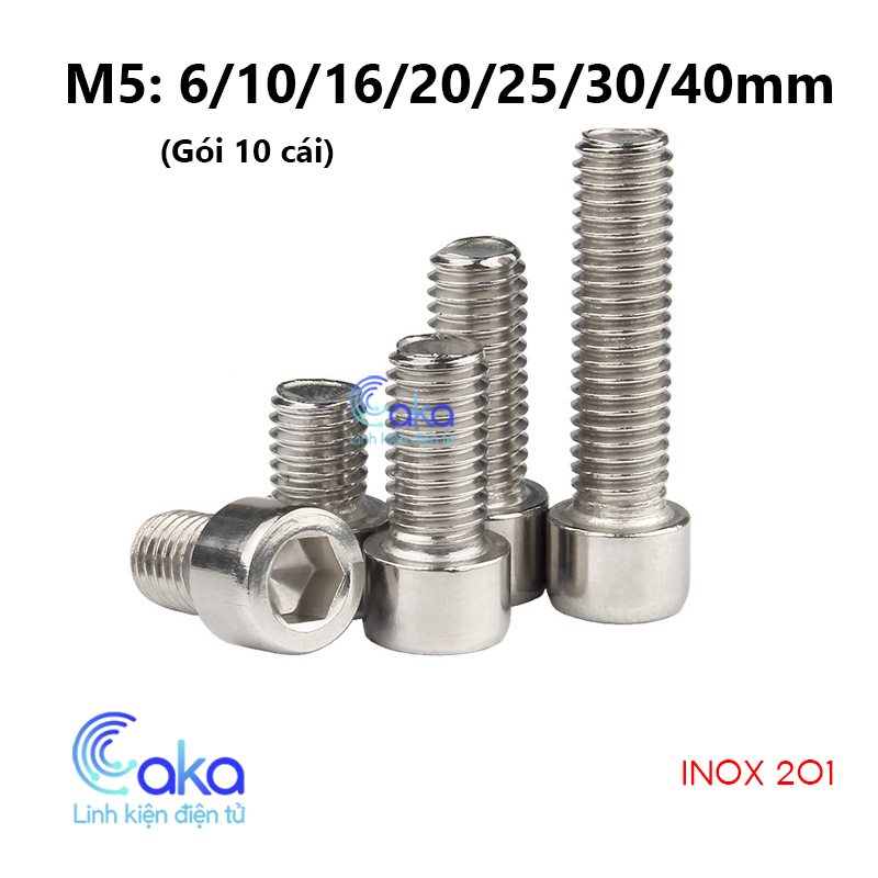INOX 201 Bu lông lục giác đầu trụ M5 thép không gỉ nhiều kích thước