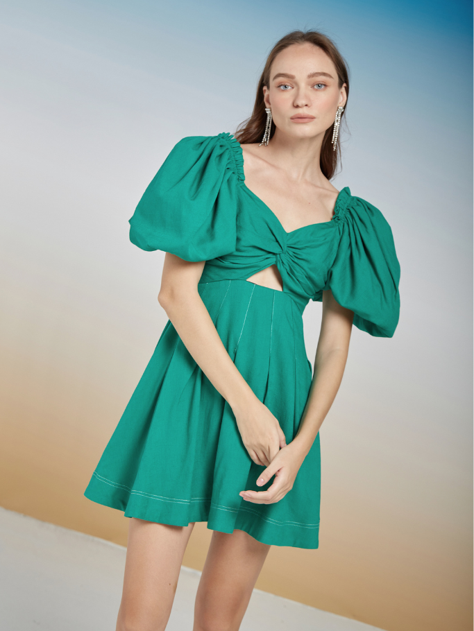 COCO SIN - Đầm Xanh Tay Phồng Cut Out Sang Chảnh