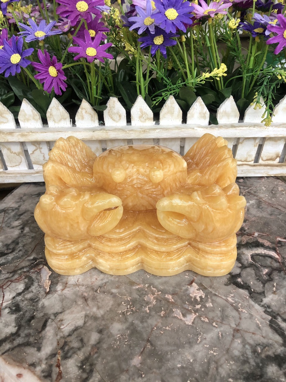 Tượng Cóc Thiềm Thừ phong thủy đá thạch anh vàng - Dài 15 cm