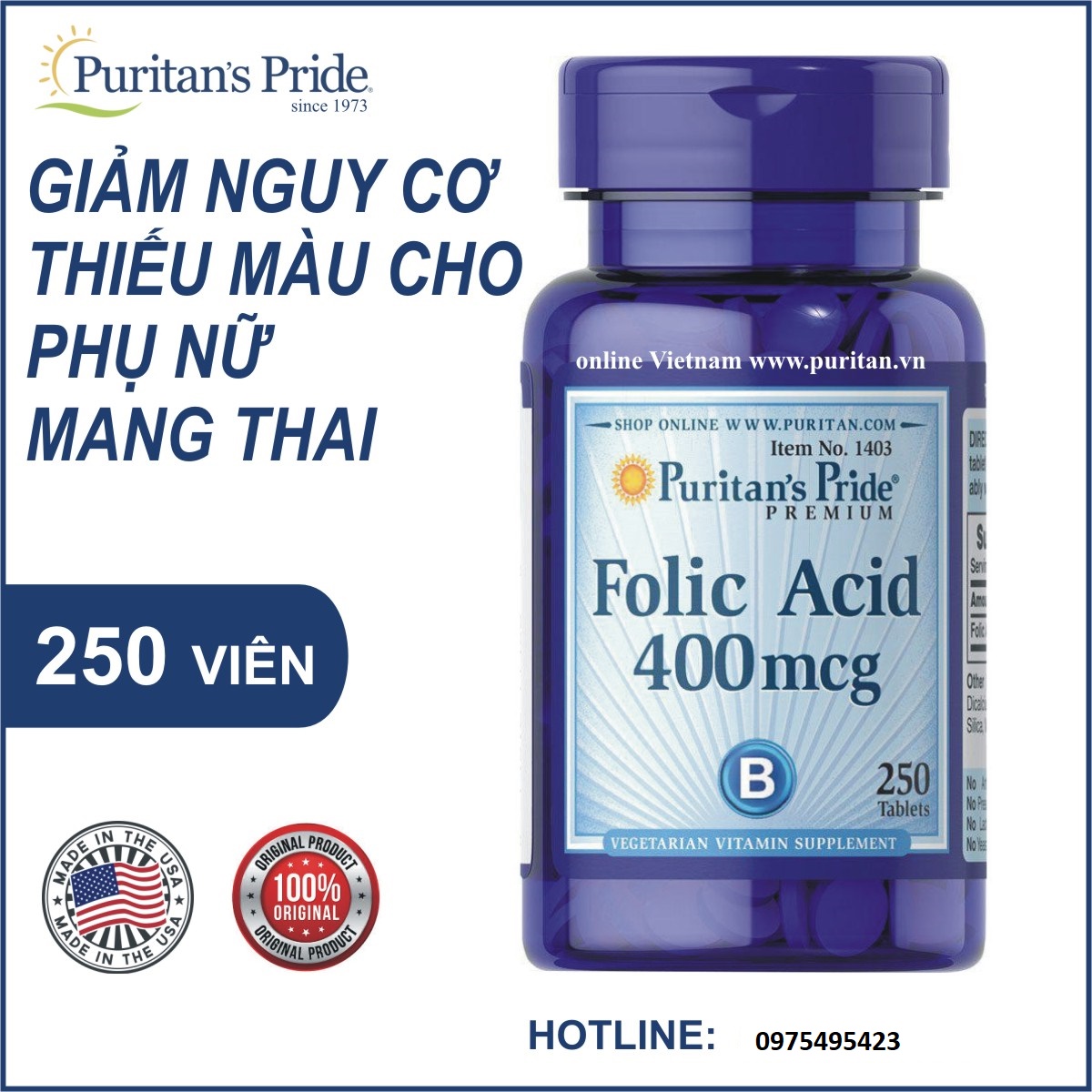 Viên uống bổ máu Folic Acid 400 mcg Puritan’s Pride - 250 viên