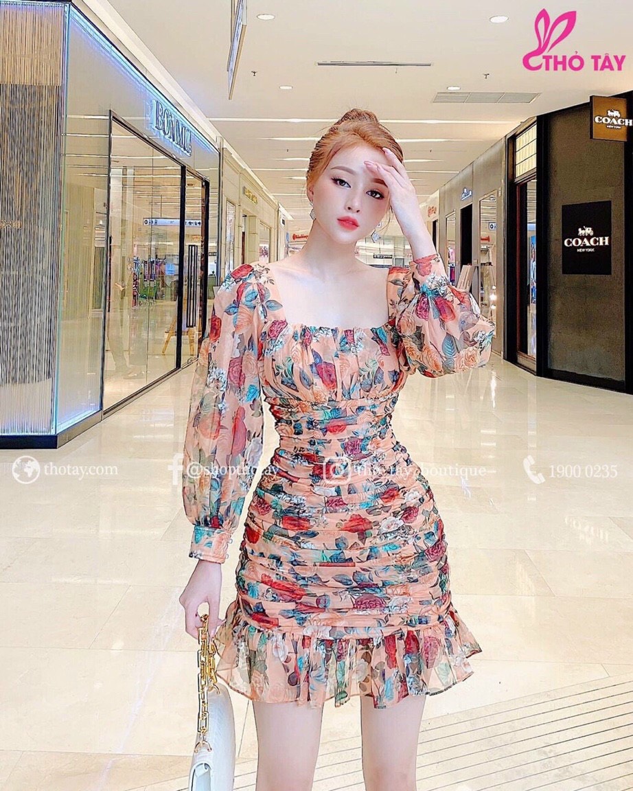 ( SALE SẬP SÀN) Đầm tiểu thư tay phồng cổ vuông, váy ôm đuôi xòe, chất vải voan hoa thoáng mát, đầy đặn không lộ, mặc đi chơi đi tiệc sang chảnh