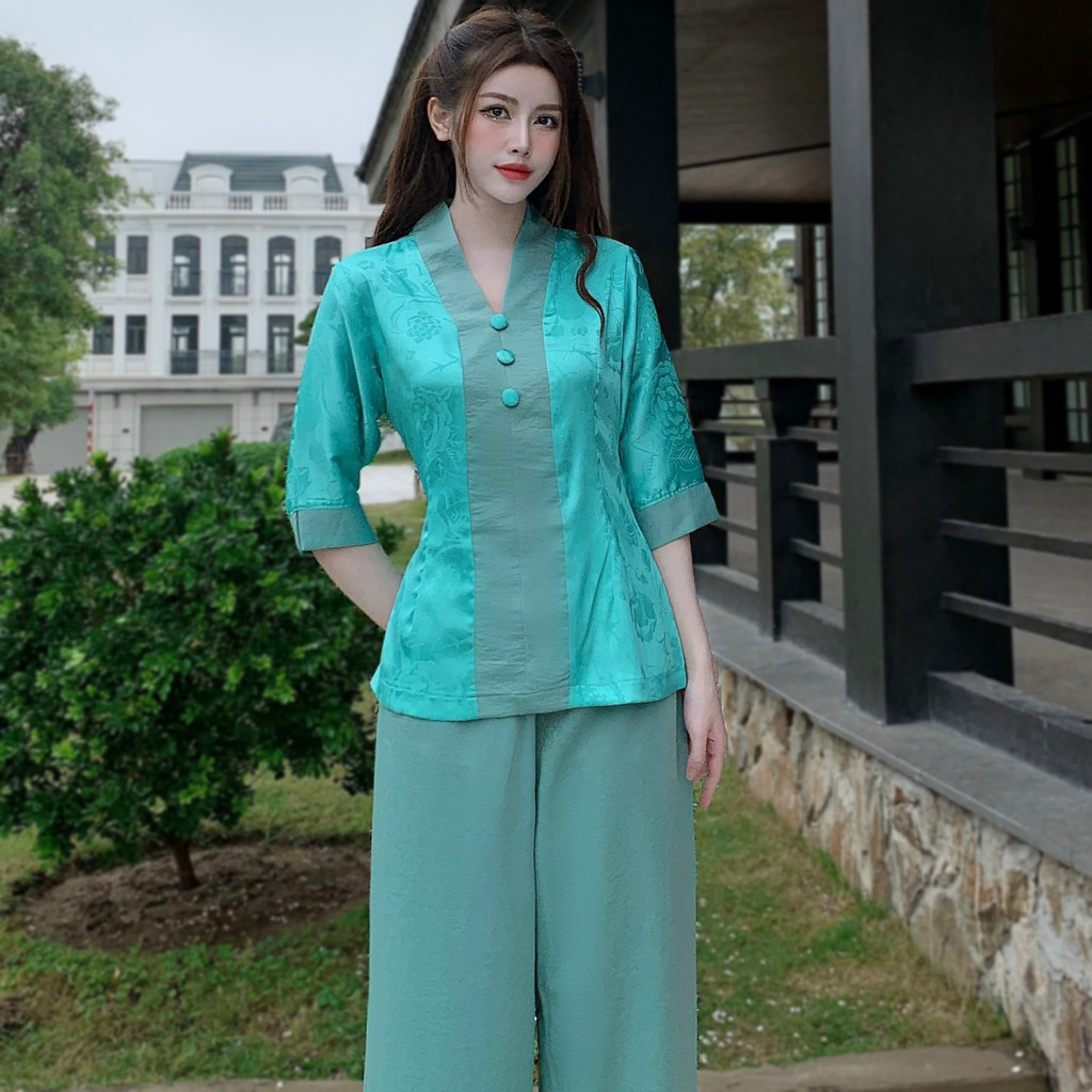 mẫu đồ lam đi chùɑ #bộ bà lai gấm phối lụa-pháp phục đồ lam