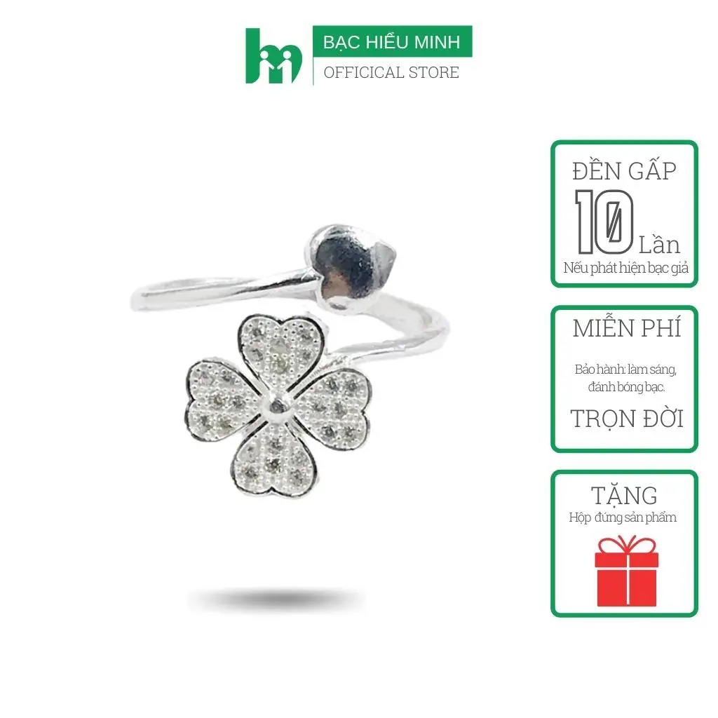 Nhẫn Nữ Bạc Hiểu Minh NU384 Trái Tim Cỏ 4 Lá May Mắn Bảo Hành Vĩnh Viễn
