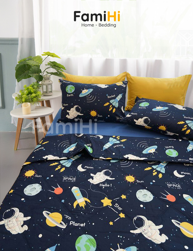 Set ga gối 3 món cho giường 1m4x2m 1m4x1m9 cho bé Cotton Satin FamiHi cao cấp, drap trải đệm trẻ em 100% vải sợi tự nhiên.