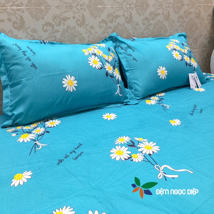 Set ga gối 3 món (1 drap giường + 2 vỏ gối nằm) poly cotton mẫu Hoa Cúc Xanh