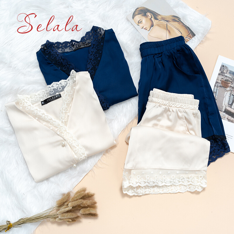 Bộ Mặc Nhà Pyjama Selala Chất Lụa Cao Cấp Phối Ren TKS01