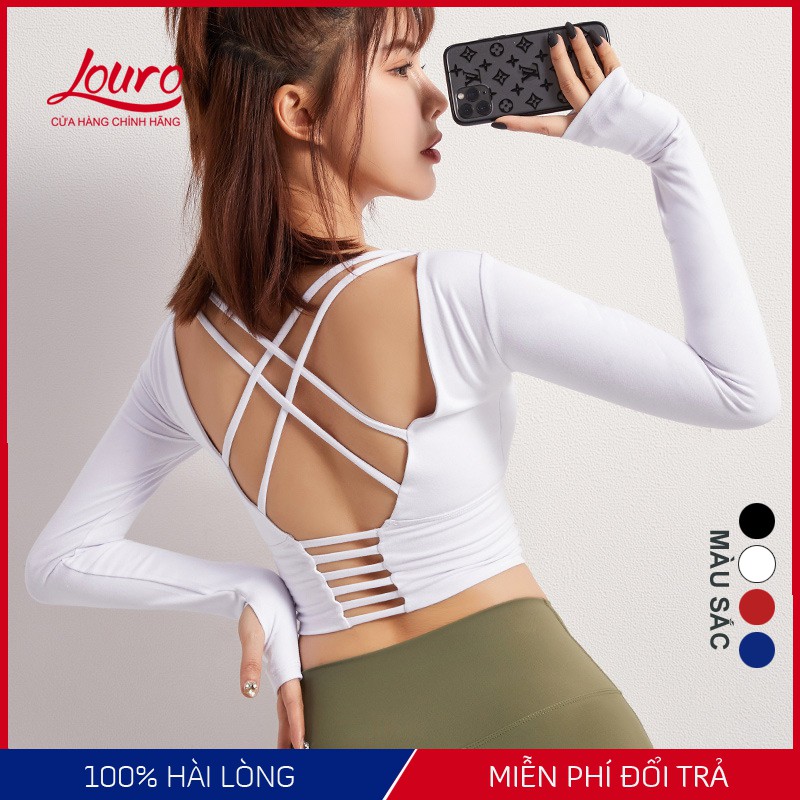 Áo croptop tập gym dài tay Louro, kiểu tập yoga đan chéo, có sẵn mút ngực, chất liệu co giãn, thoáng - LA30D