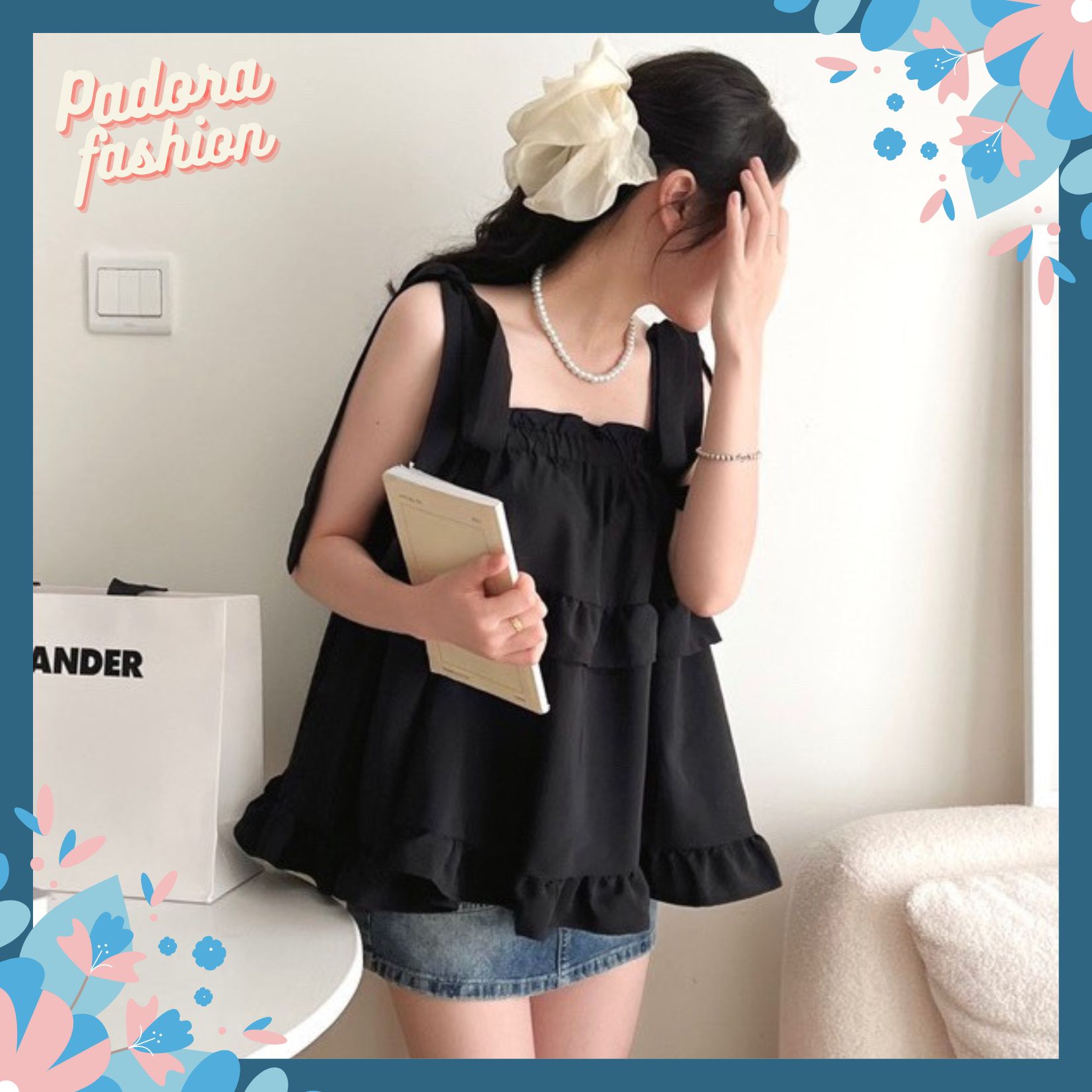 Áo 2 dây babydoll buộc nơ vai Áo kiểu nữ hai dây Padora-A91