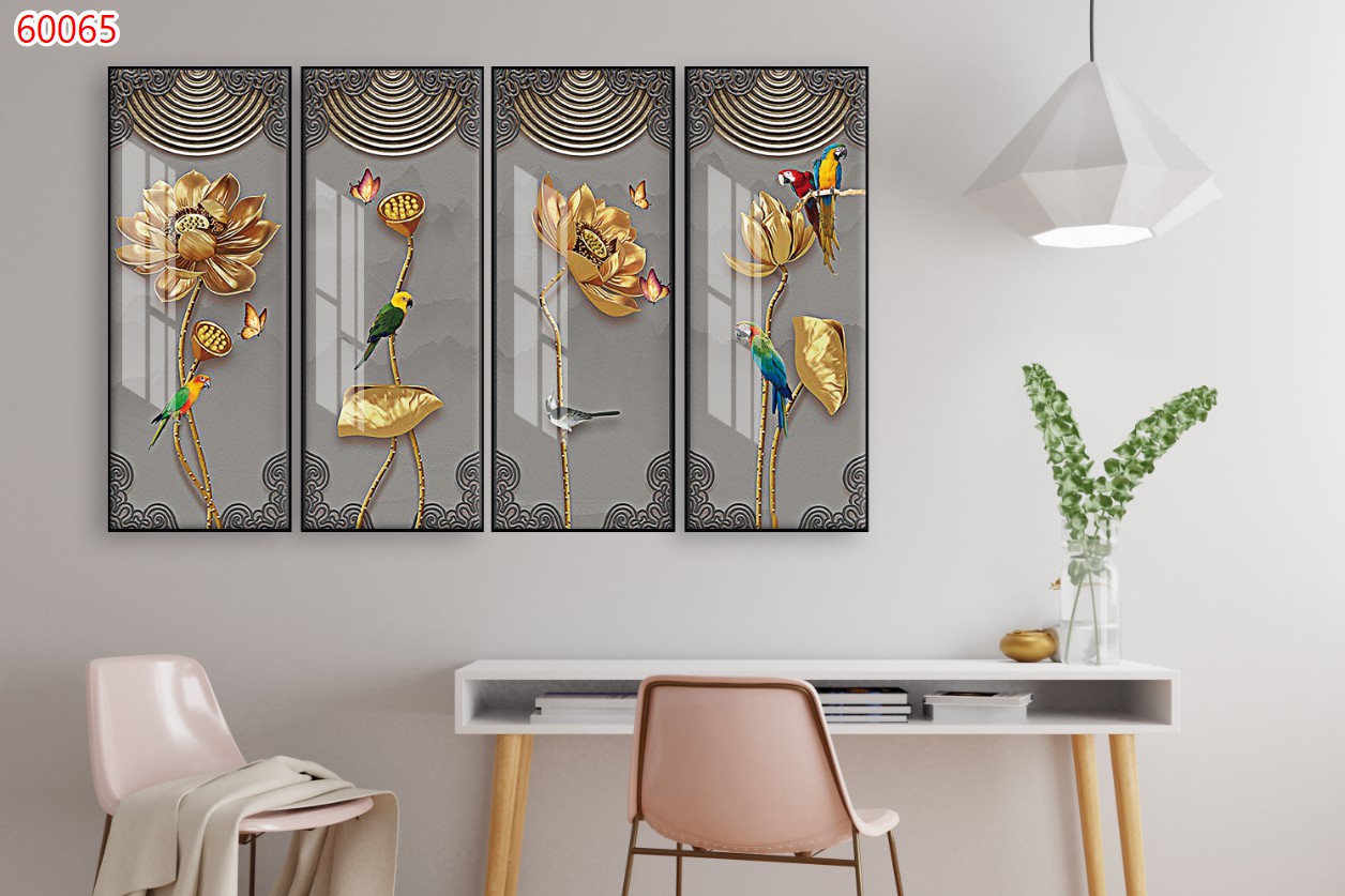 Tranh treo tường Phòng khách Hoa sen 4 tấm/Gỗ MDF Hàn Quốc chống ẩm mốc, mối mọt