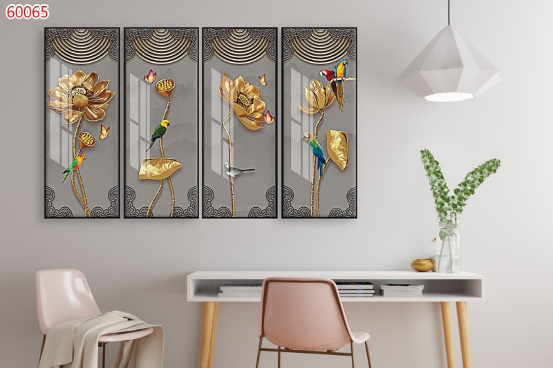 Tranh treo tường Phòng khách Hoa sen 4 tấm/Gỗ MDF Hàn Quốc chống ẩm mốc, mối mọt