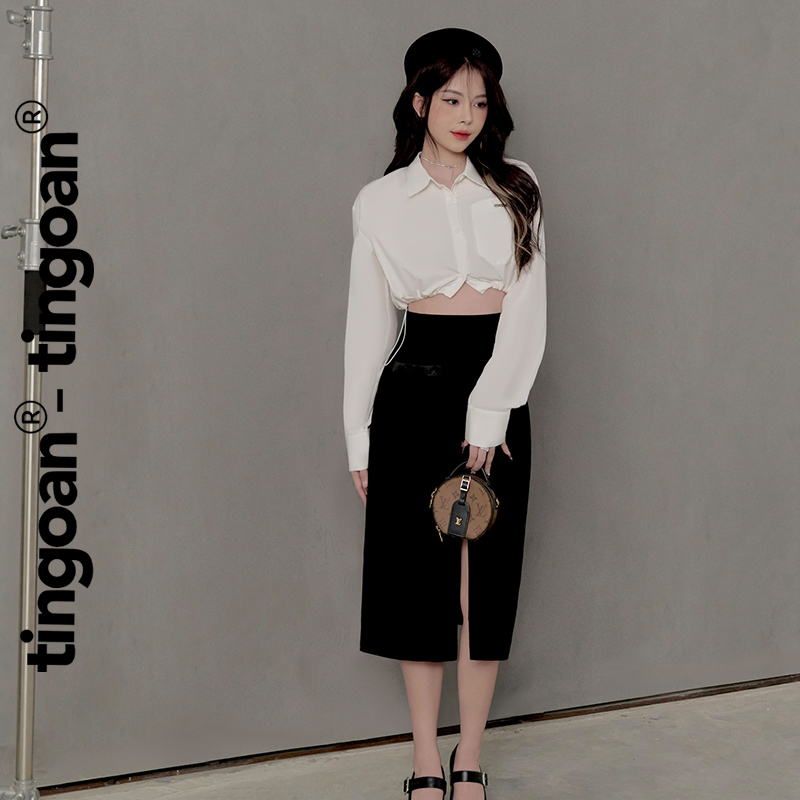 Tingoan® - chân váy dài cap cao đen dáng ôm sẻ trước lina long skirt/bl