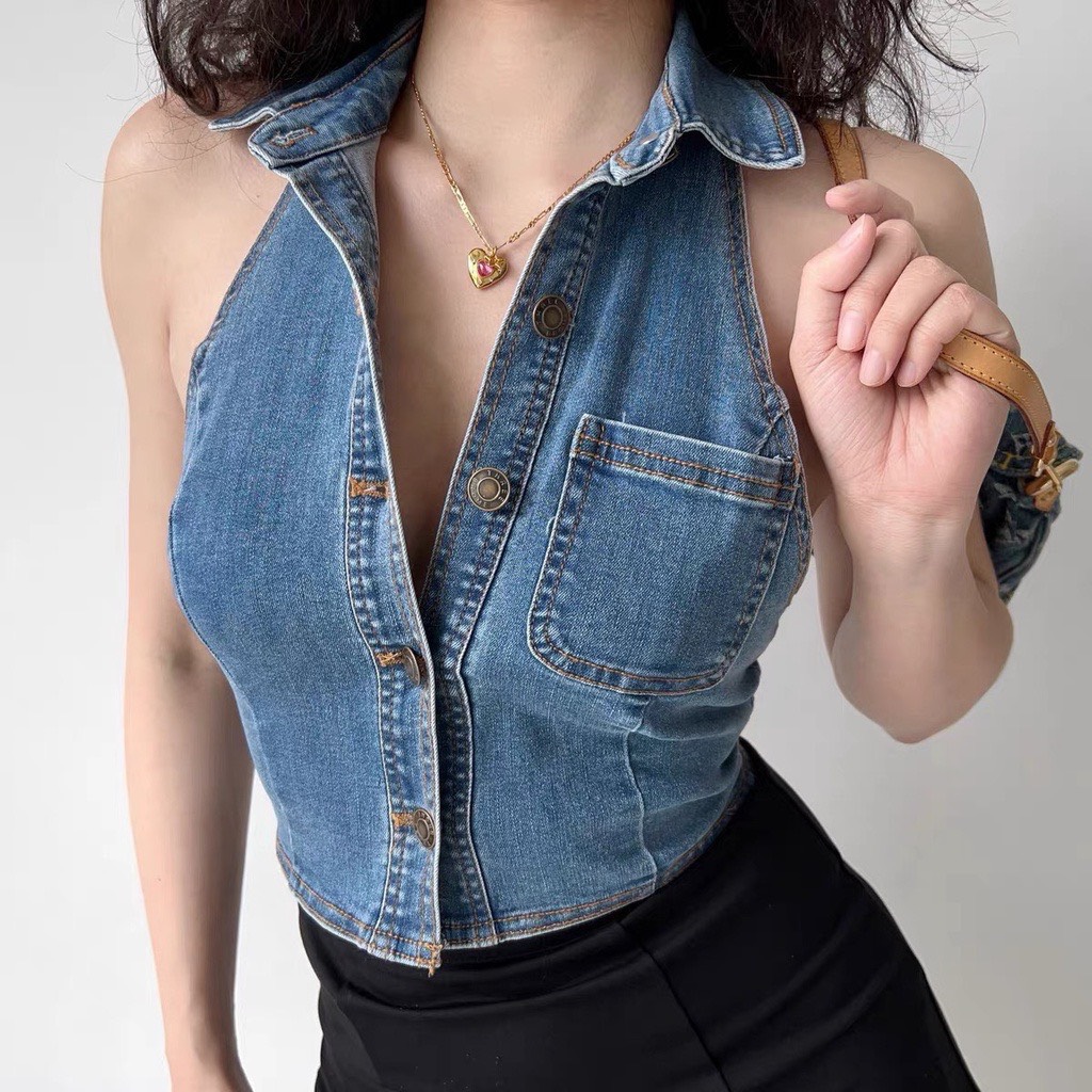 Áo kiểu ba lỗ yêm jean gài nút cổ bẻ siêu sexy, áo ba lỗ jean bò thời trang mới vải bò gợi cảm cho nữ áo cắt gấu