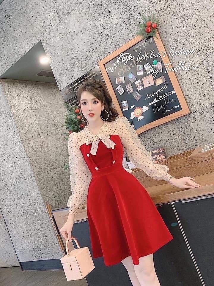 [Freeship]Đầm Xòe Chấm Bi Tay Lưới Kết Nơ Siêu Dễ Thương mia storie