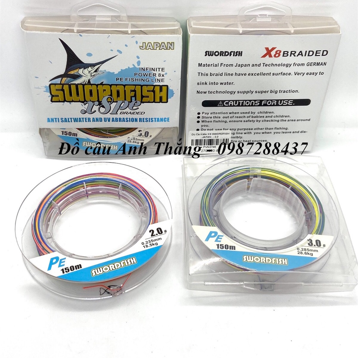 Dây dù cá kiếm X8 Swordfish 150m Japan, dù pe nổi câu lure, câu lục, câu biển.