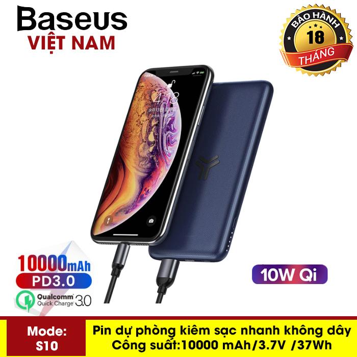 Giá Pin dự phòng Baseus S10 siêu mỏng sạc nhanh không dây 10W, dung lượng pin 10000 mAh công nghệ sạc nhanh cổng PD 3.0 sạc nhanh 2 chiều và Qualcomm QC 3.0 thiết kế đẹp độc đáo - Phân phối bởi Baseus Vietnam