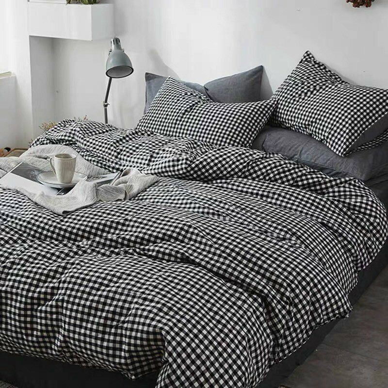 Bộ Chăn Ga Gối Cotton Poly Caro Kẻ Xám Bộ Chăn Ga Gối Cao Cấp Nhập Khẩu 5 Món, 4 Món Sản Phẩm Chăn Ga Gối Nệm Dùng 4 Mùa