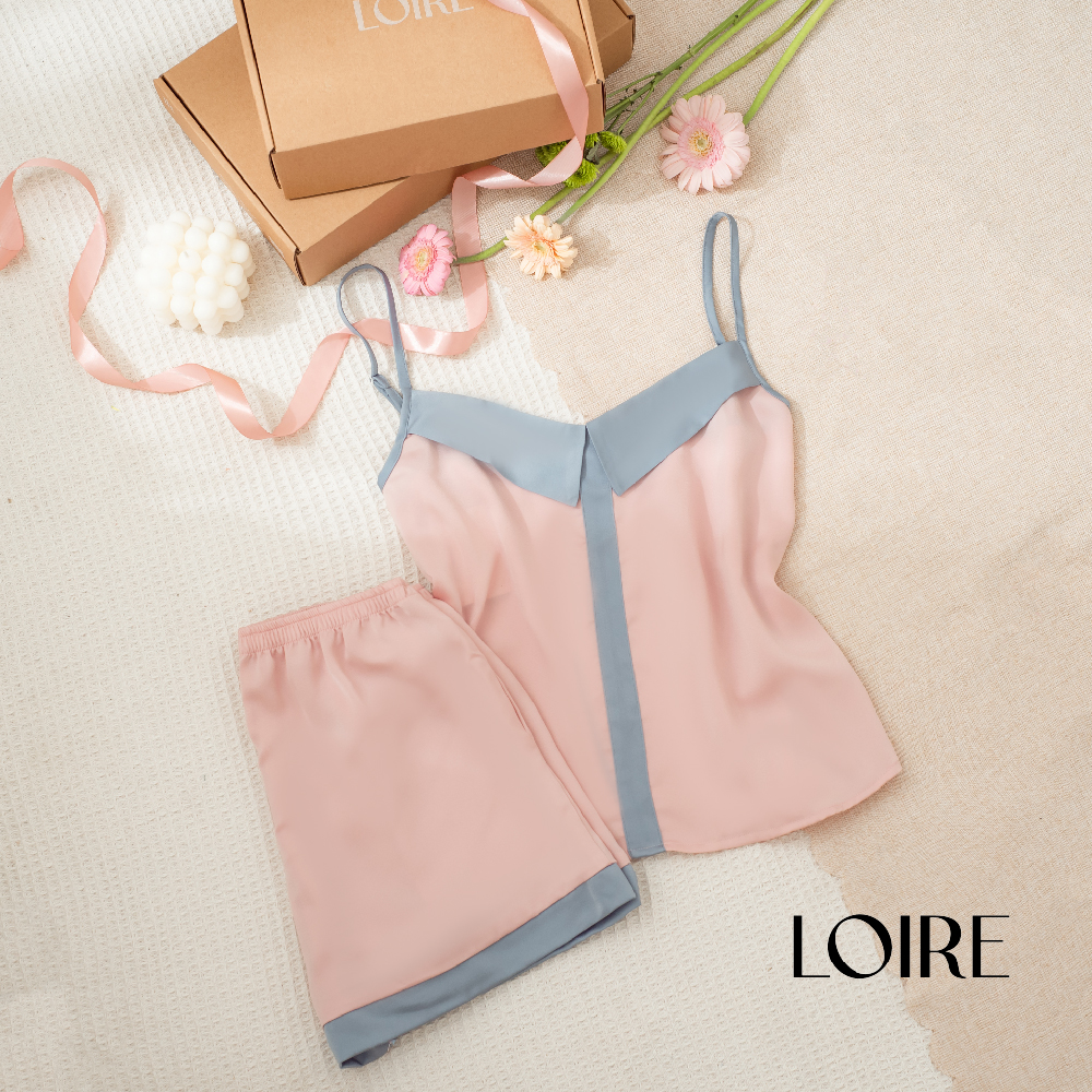 Bộ Đồ Ngủ Lụa Hai Dây Viền Xanh Loirechic BHDN10