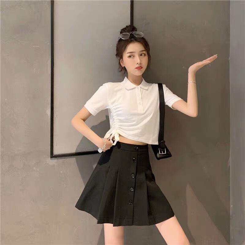 Áo Thun Tay Ngắn Có Cổ Form Croptop Phối Dây Rút Một Bên Eo Cực Chất TTS0595