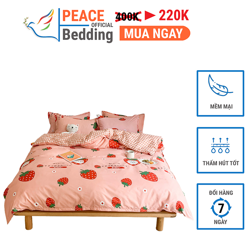 [FREESHIP] Bed Sheet And 2 Pillowcase Set 4 Pieces Cheap Pattern Japanese Strawberry Imported Cotton Poly Fabric Matterial Korean Style Durable Color Machine Wash Comfortable For Mattress 1M2, M4, M6, M8, 2M