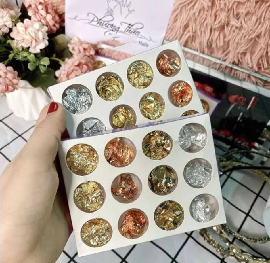 Sét giấy nhún 12 ô nhiều màu trang trí móng, giấy nhún nail đẹp , sét giấy nhún trang trí móng chuyên dụng sang trọng cho dân làm nail.