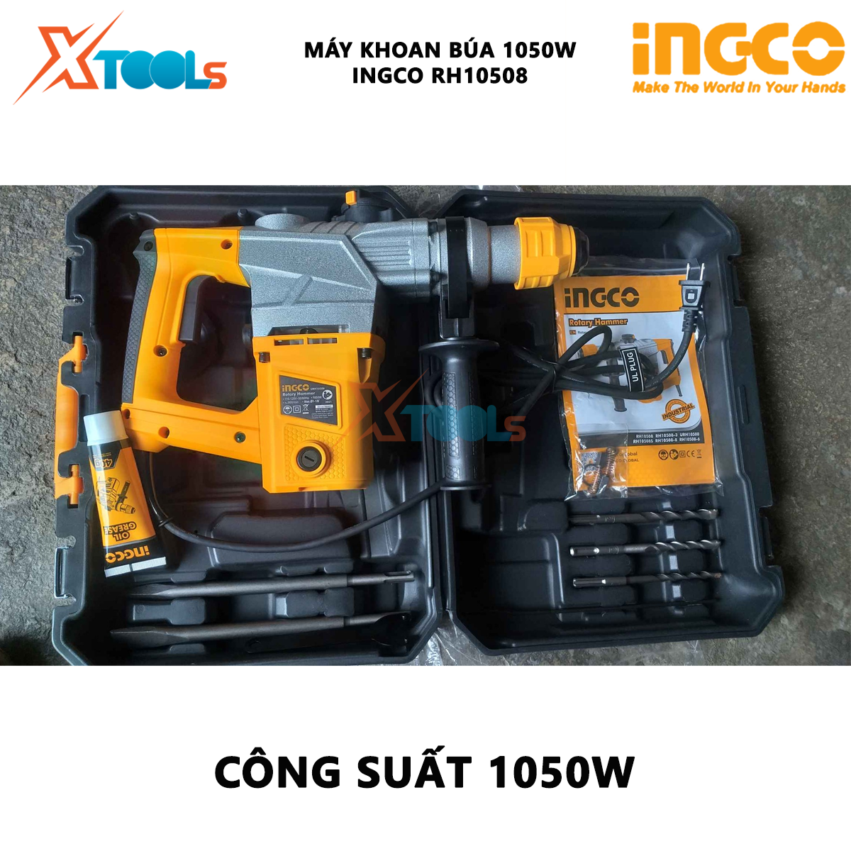 Máy khoan cầm tay 3 chức năng 1050w Ingco RH10508 đầu khoan gài sds, lực đập 5jkèm 3 mũi khoan gài, 2 mũi đục Máy khoan đục bê tông