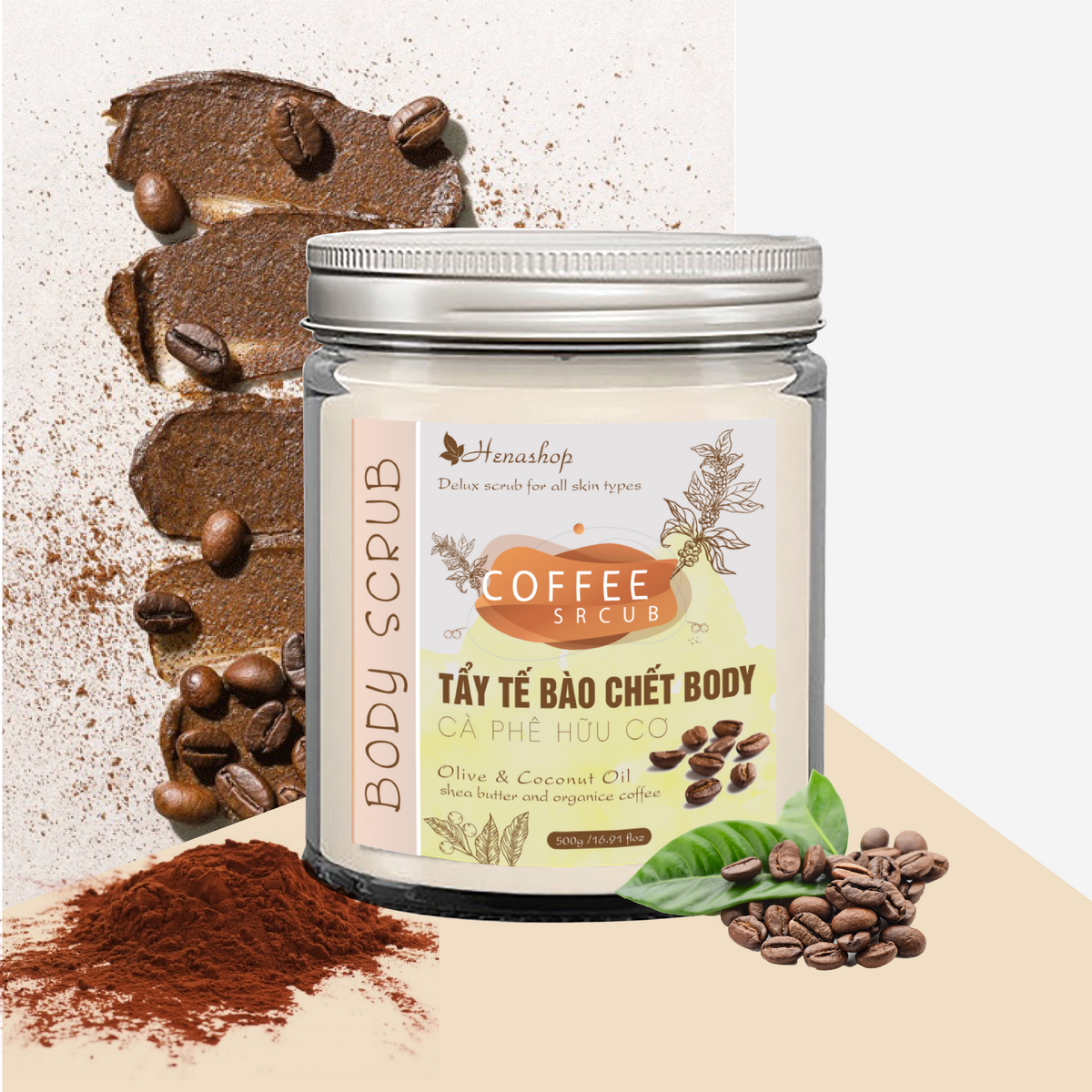 Tẩy tế bào Chết Cà Phê Sữa Dừa Henashop 500gr