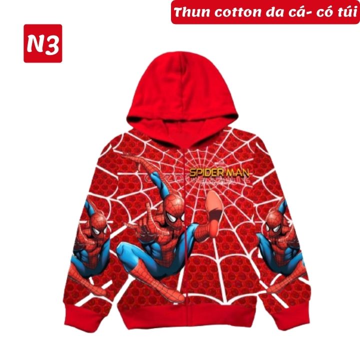 [hcm]áo khoác bé trai hình siêu nhân nhện 10-42kg. chất thun da cá hút mồ hôi- hình in 3d- oa shop hi 2