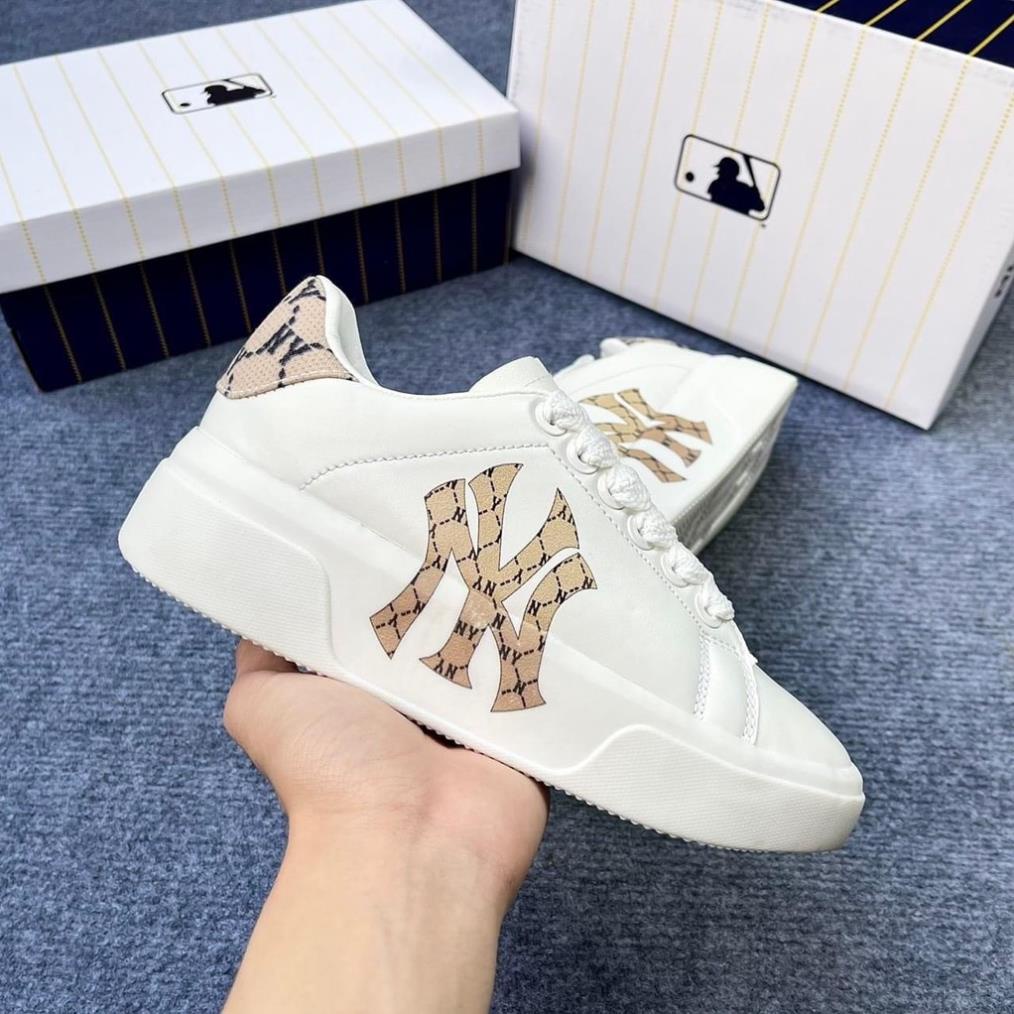 Giày thể thao nam nữ MLB NY trắng chữ đen họa tiết - Giày NY trắng nam nữ độn đế cao cấp hot trend 2022 Full Box