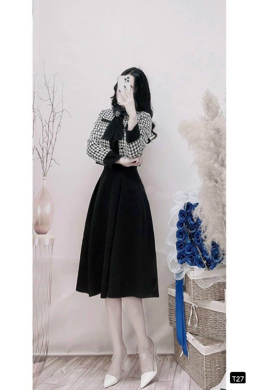 Sét váy suông kèm áo khoác caro hàng xịn đẹp như hình ld2022
