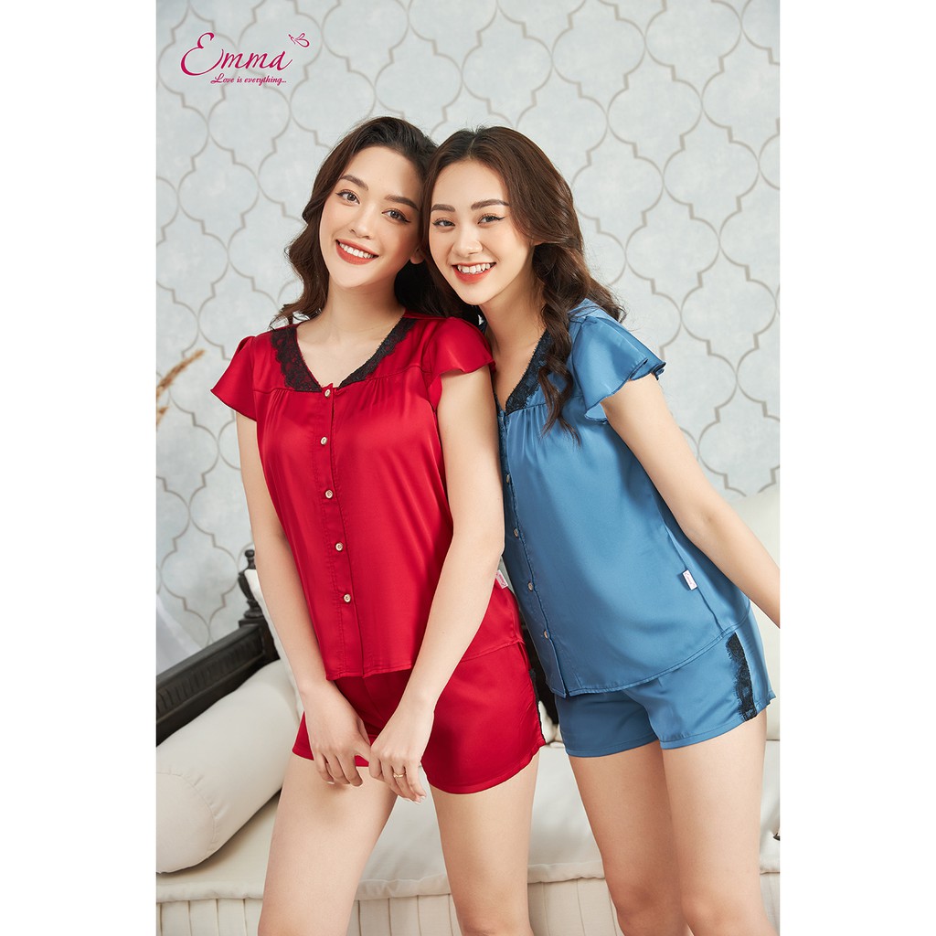 Bộ Mặc Nhà Lụa Emma Áo Ngắn Tay Cánh Tiên Lụa, Quần Short EHSLU.21.019.12