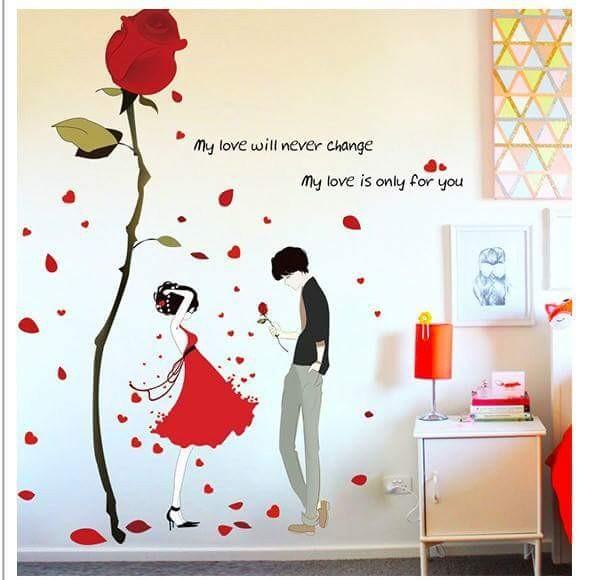 decal dán tường  đôi uyên ương và cây hồng đỏ