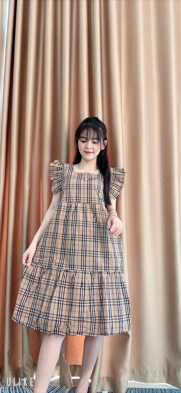 Váy Bầu Hè Kẻ Caro Màu Nâu  Dáng Suông - Đầm Bầu Công Sở tay cánh tiên