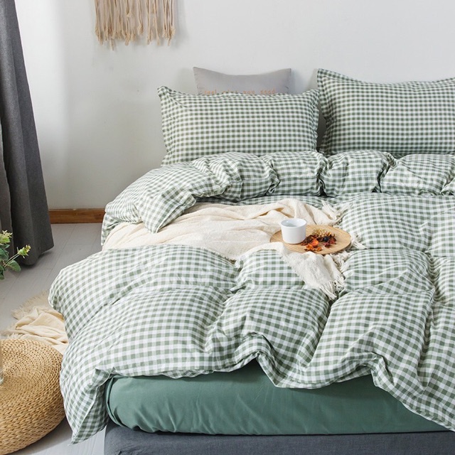Bộ Drap & Chăn Phao Cotton Poly Kẻ Caro Xanh Lá