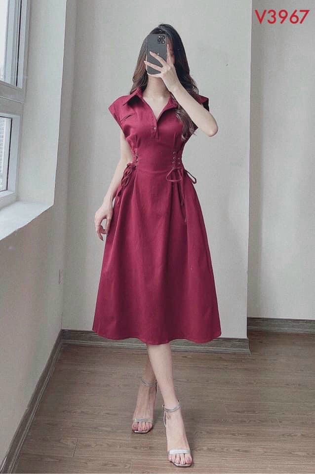 Đầm nữ, đầm dạo phố cổ sơ mi rút dây 2 bên eo