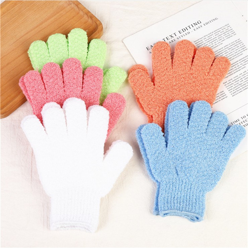 Multicolored exfoliating shower gloves