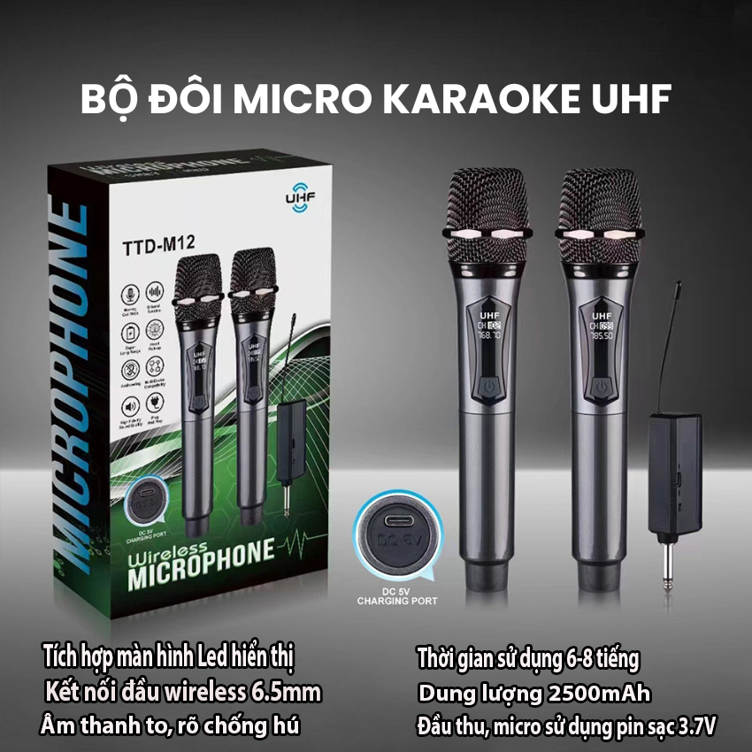 Micro Karaoke không dây cao cấp TTD-M12 chống hú, bắt sóng xa, hút âm cực tốt, chất tiếng sáng, bộ micro không dây dùng cho amply, loa kéo, mixer, micro không dây hát karaoke, Bộ 2 Micro không dây cao cấp TTD-M12