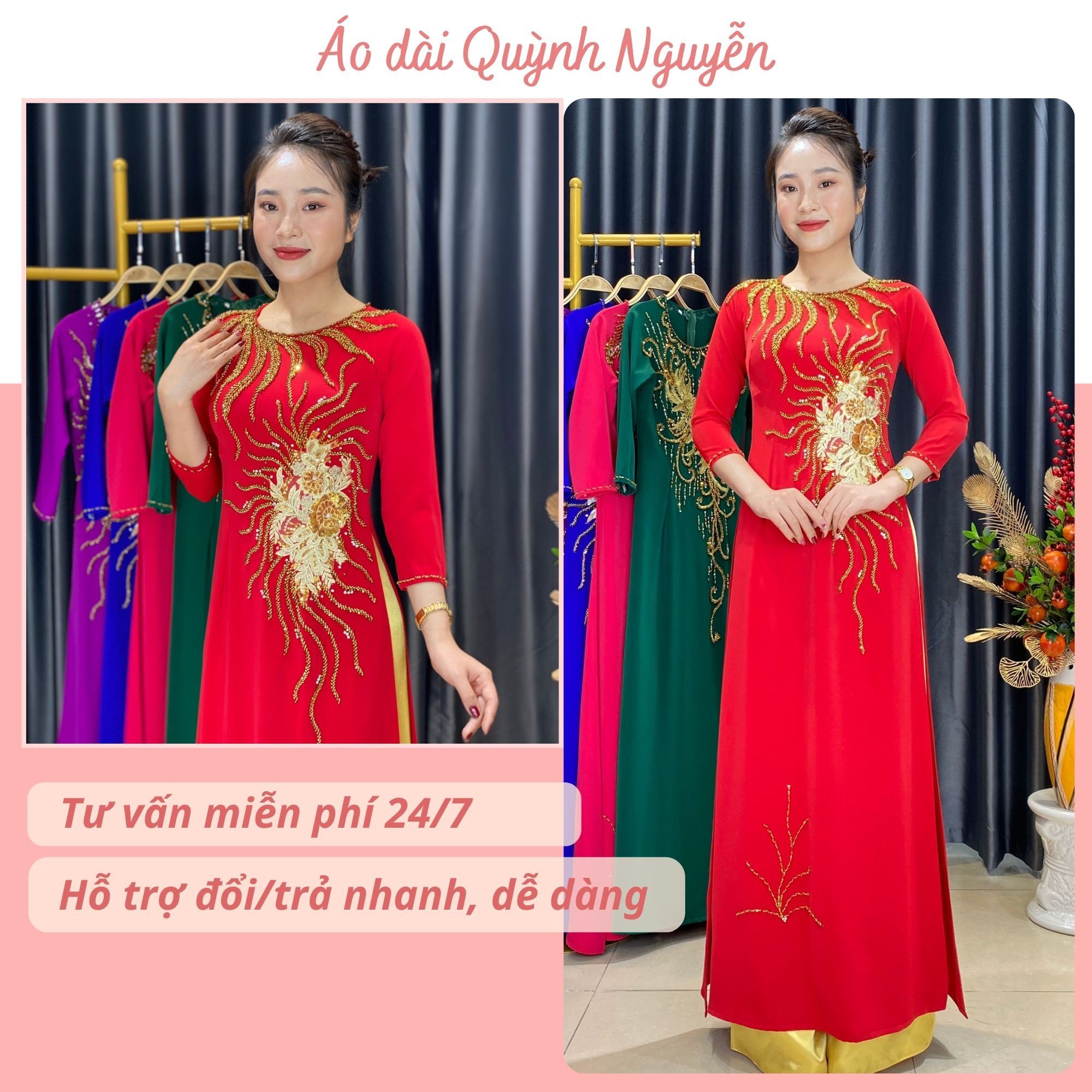 Áo dài, áo dài nữ kết đá thủ công lụa mỹ cao cấp MÃ D61