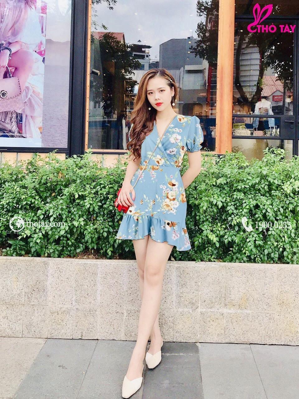 Sét đầm voan lụa cổ chữ V,lai đuôi cá-QH