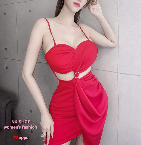 Đầm body 2 dây đắp vạt chéo phối lưới bụng